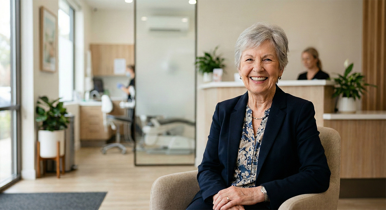 Oudere vrouw die breed lacht met een natuurlijk ogende gebitsprothese in een tandartspraktijk