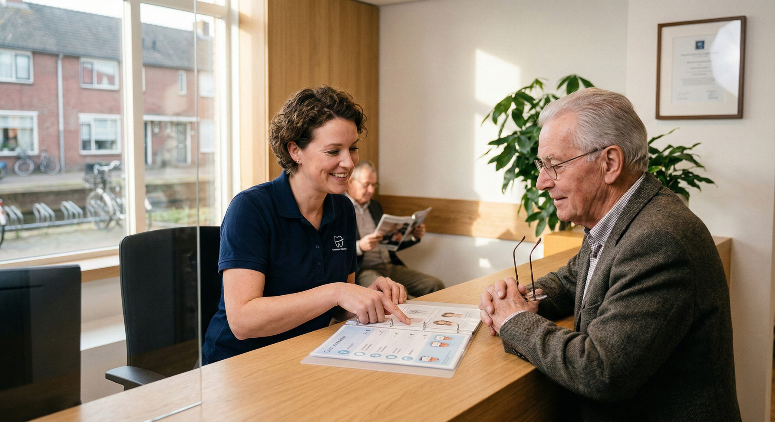Vriendelijke medewerker van Van Nunen Mondzorg bespreekt de kosten en vergoeding van een gebitsprothese met een oudere patiënt
