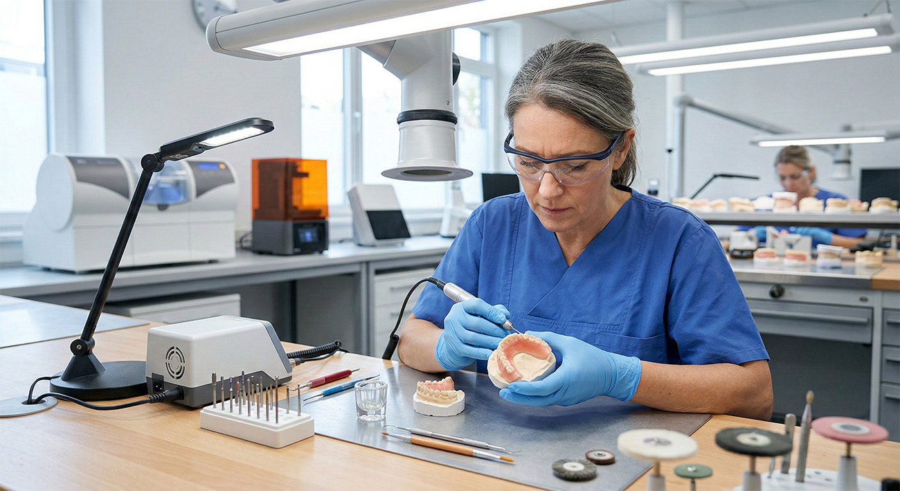 Tandprotheticus die nauwkeurig werkt aan een gebitsprothese in een modern tandtechnisch laboratorium